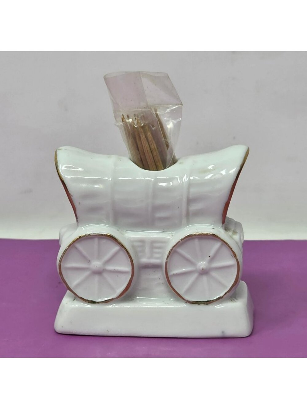 Covered Wagon Ceramic Toothpick Holder Gold Trim - Vintage White Porcelain Decor